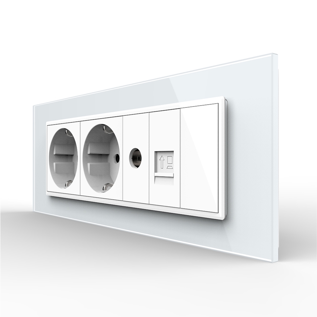 Priza Tripla cu Blank Livolo cu Rama din Sticla 2 Prize Schuko+TV/internet, Standard Italian - Serie Noua, alb