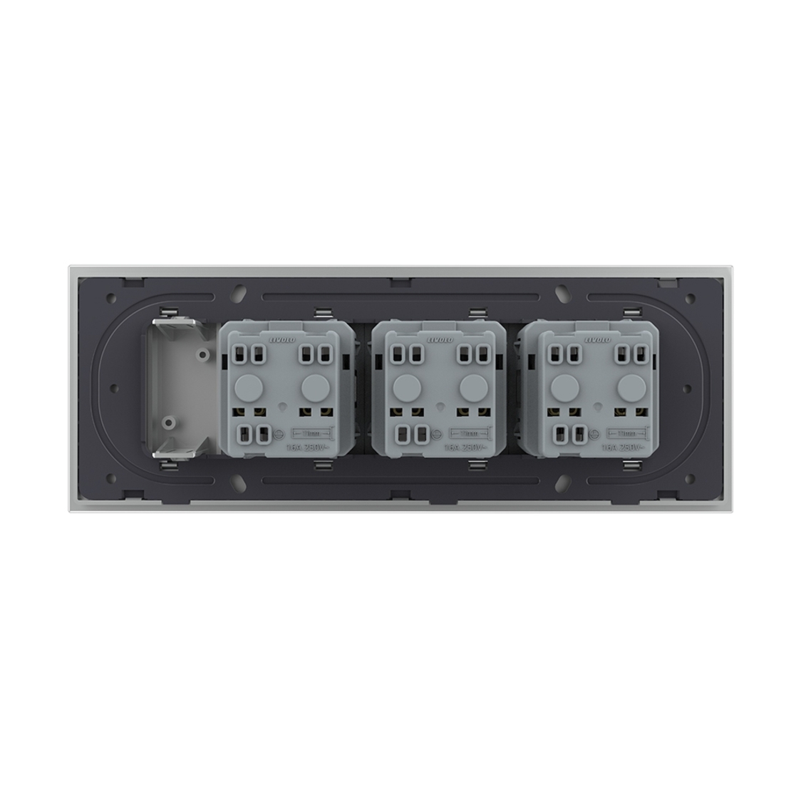 Priza tripla cu blank Livolo cu rama din sticla 6/7 module - standard Italian, gri