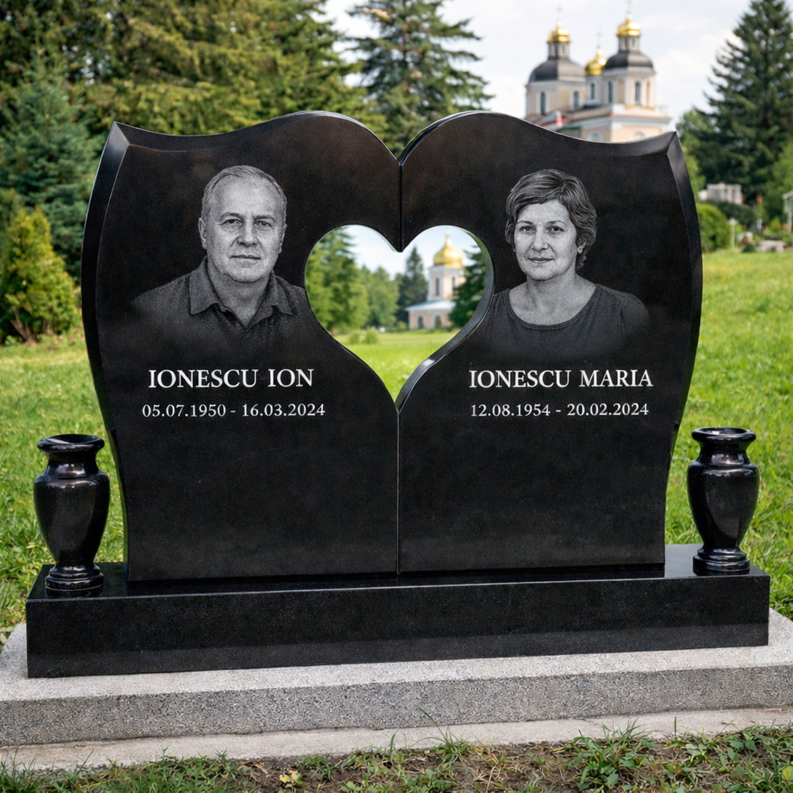 GRA-1820  CRUCE GRANIT NEGRU  CU DECUPAJ INIMA