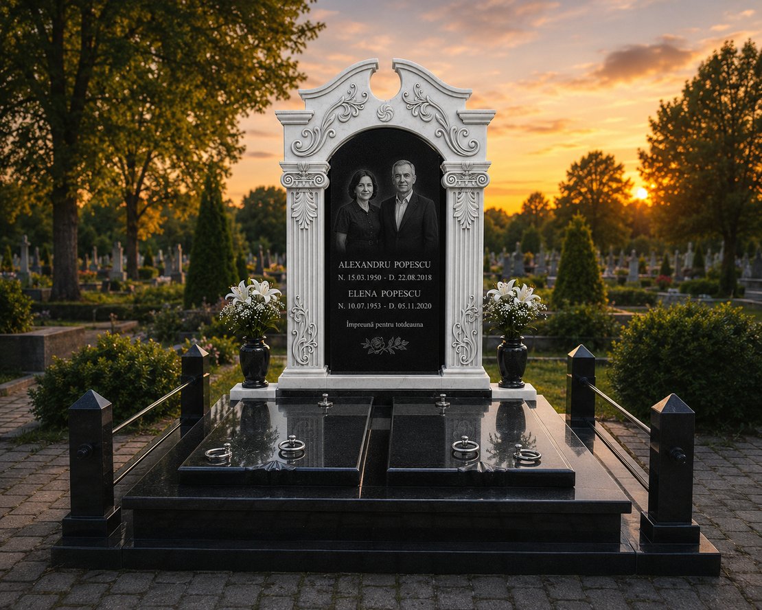 REF-2037 MORMANT DUBLU DIN GRANIT NEGRU CU MONUMENT FUNERAR SCULPTAT DIN MARMURA