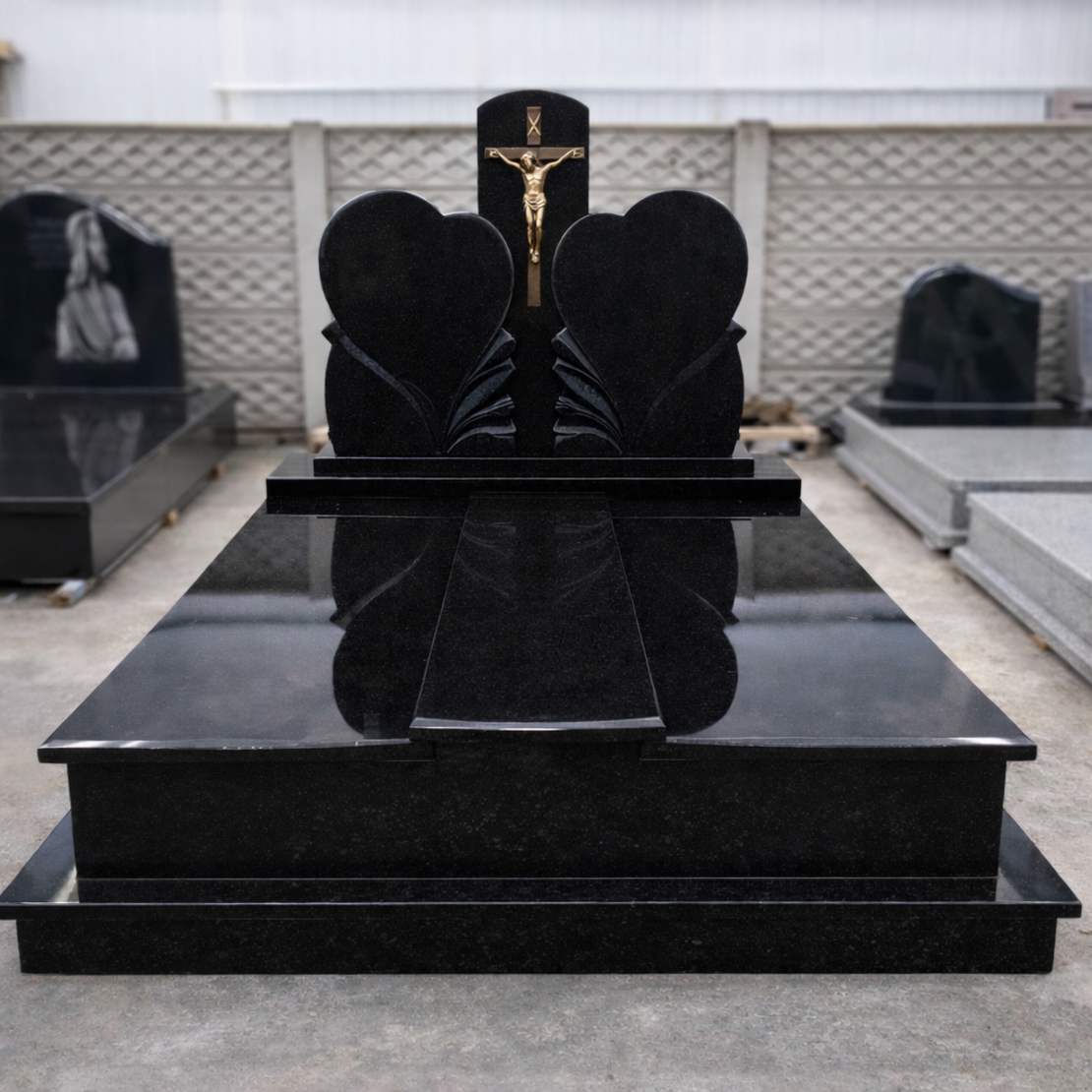 PRM-1827 MORMANT DUBLU GRANIT NEGRU ABSOLUT CU MONUMENT INIMA DUBLU