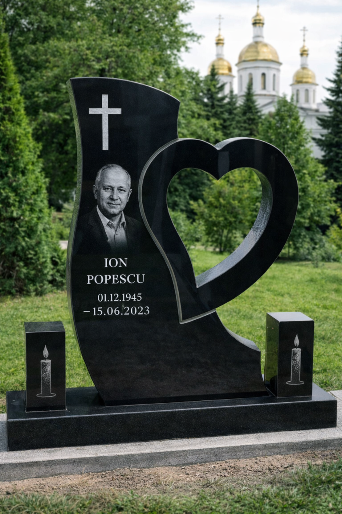 GRA-1823 CRUCE GRANIT NEGRU CU DECUPAJ INIMA