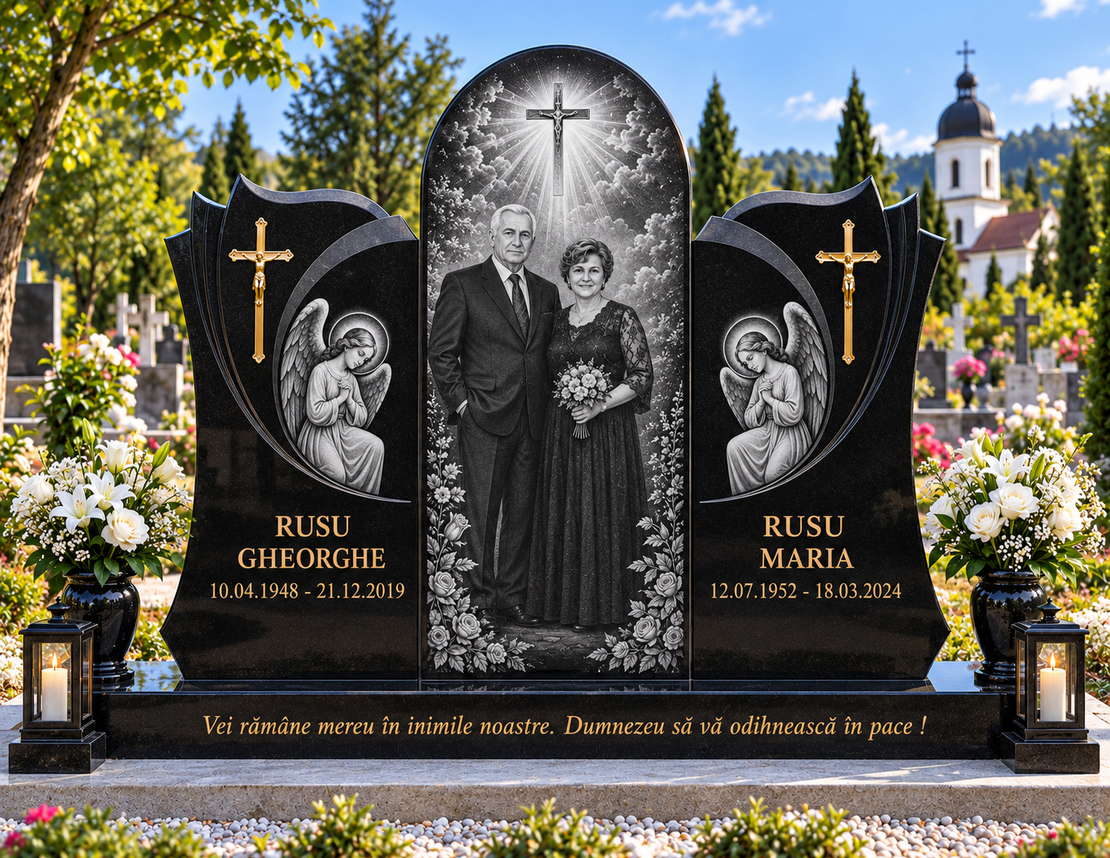 GRA-2072 MONUMENT FUNERAR GRANIT NEGRU TRIPLU CU DESIGN DEOSEBIT