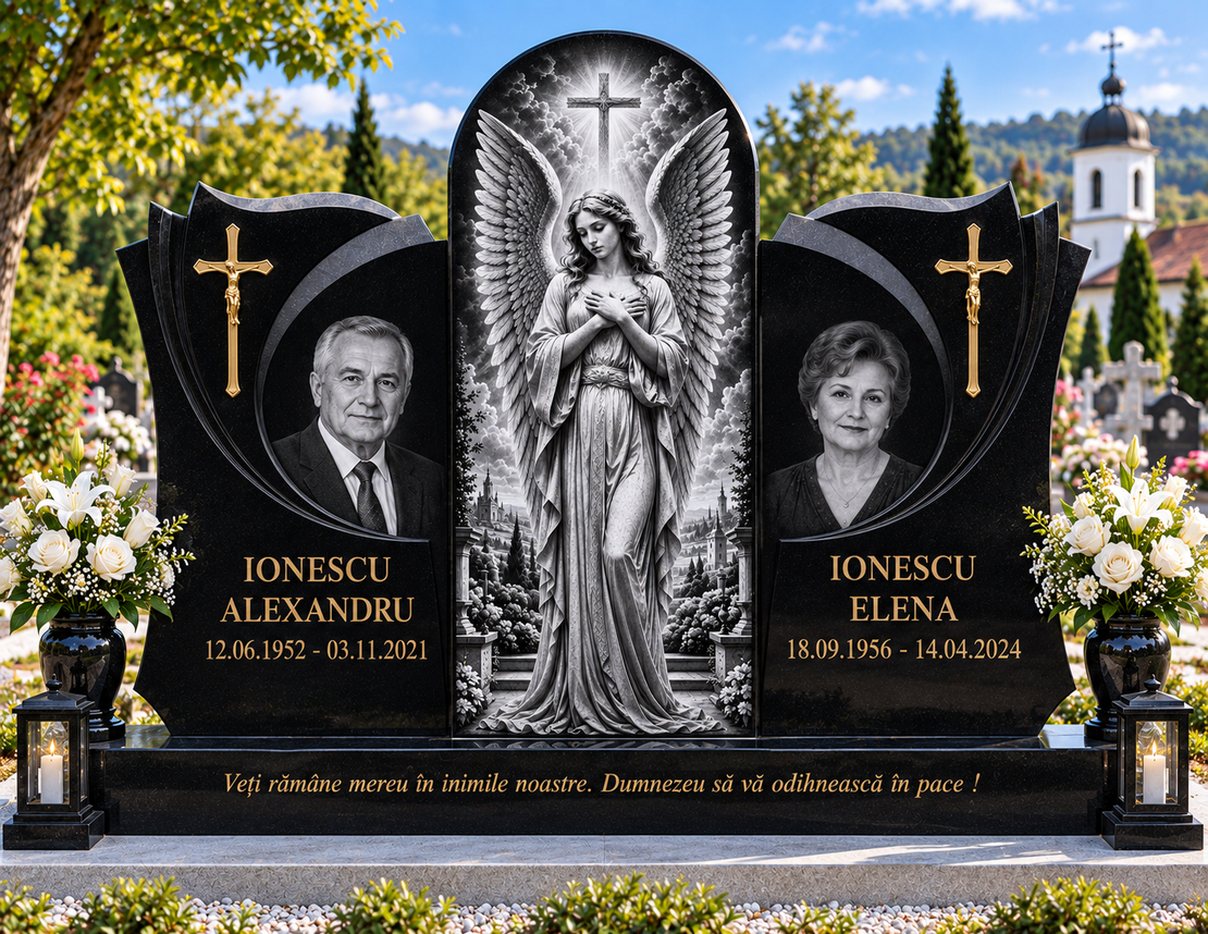 GRA-2073 MONUMENT FUNERAR GRANIT NEGRU TRIPLU CU GRAVURA INGER