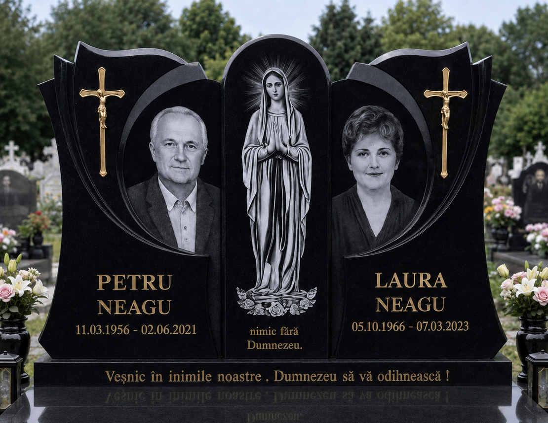 GRA-2067 MONUMENT FUNERAR TRIPLU DEOSEBIT DIN GRANIT NEGRU