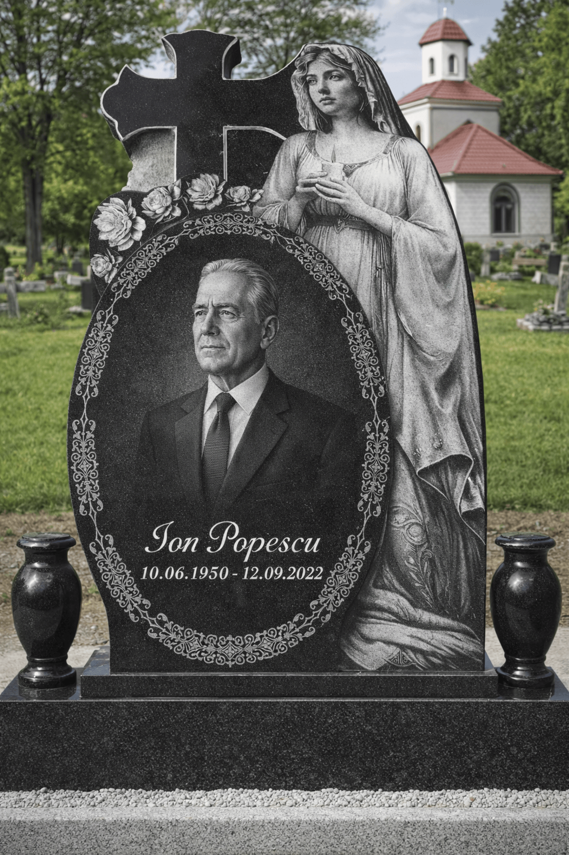 GRA-1822 CRUCE GRANIT CU GRAVURA COMPLEXA MAICA DOMNULUI