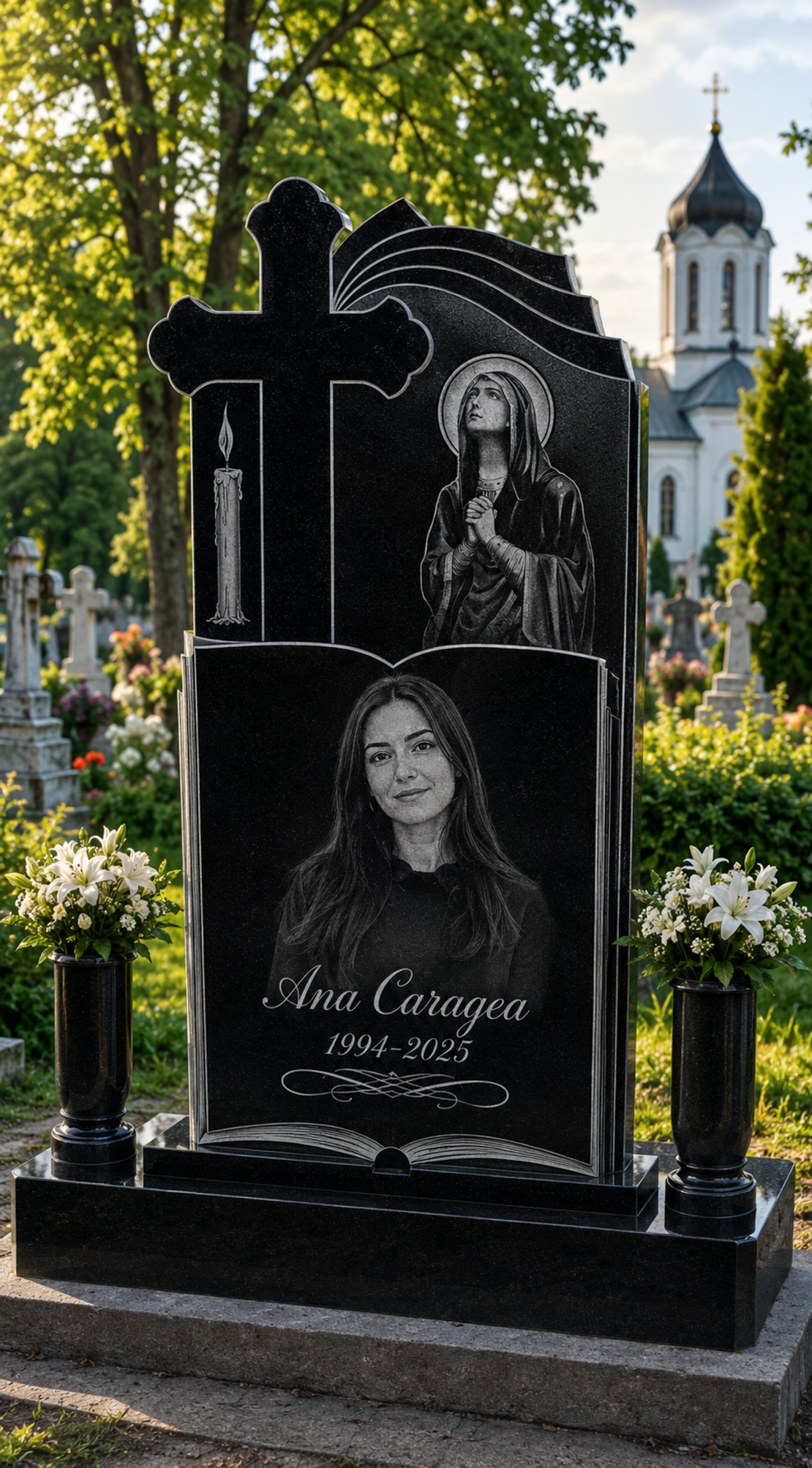 GRA-2053 MONUMENT FUNEAR DIN GRANIT NEGRU  CU MAICA DOMNULUI GRAVAT
