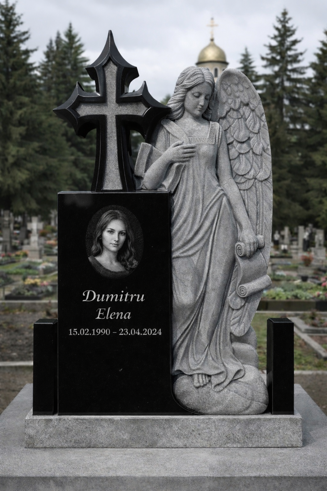 GRA-1854 MONUMENT FUNERAR GRANIT NEGRU CU SCULPTURA INGER