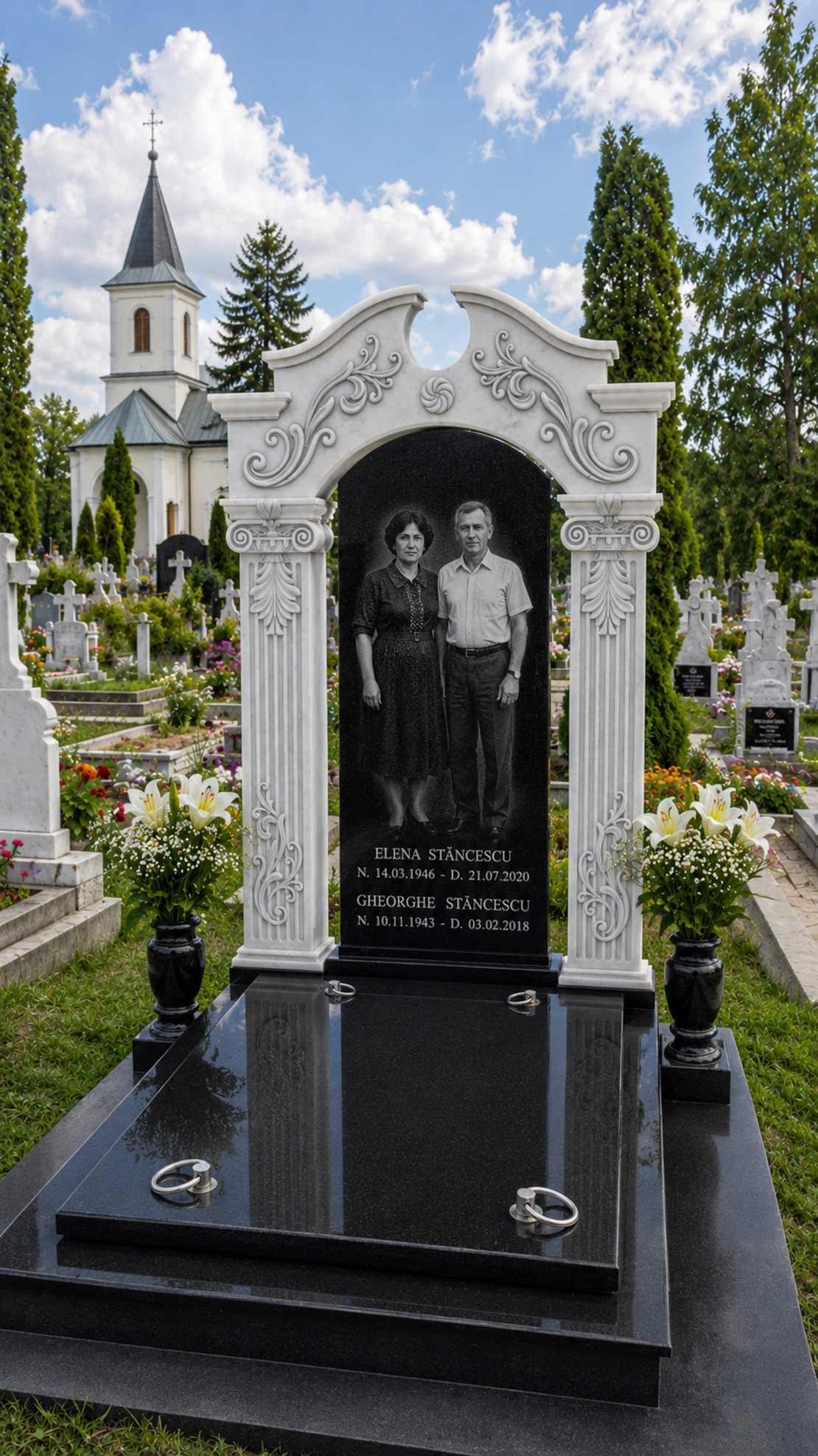 REF-2036 MORMANT DIN GRANIT NEGRU CU MONUMENT FUNERAR DIN MARMURA ALBA