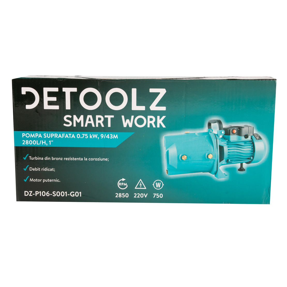 Pompa de suprafata Detoolz 0.75 kW, debit 2800l/h, inaltime de pompare 43m, carcasa pompa fonta