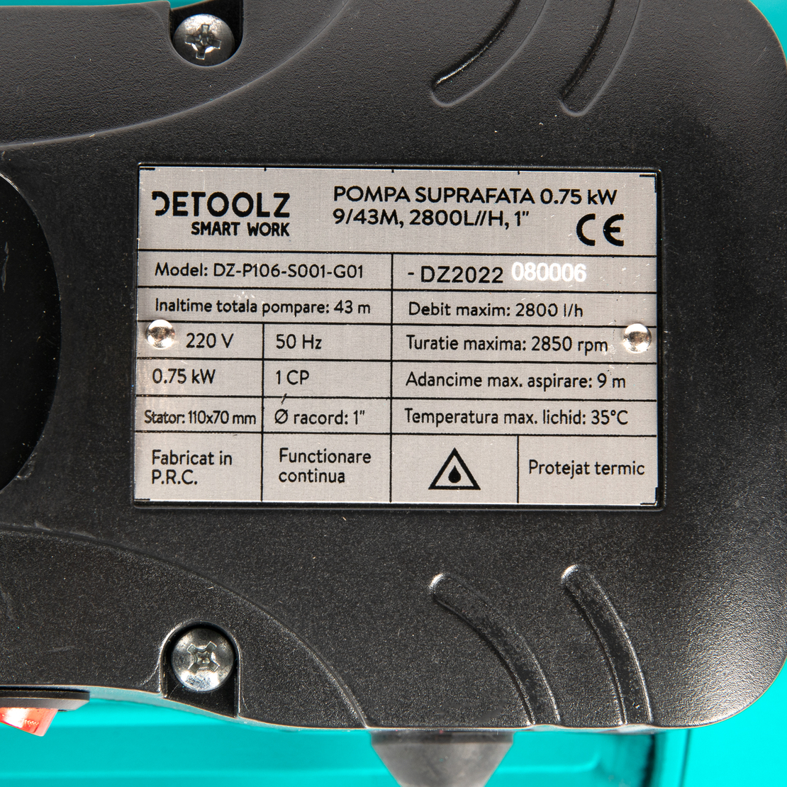 Pompa de suprafata Detoolz 0.75 kW, debit 2800l/h, inaltime de pompare 43m, carcasa pompa fonta