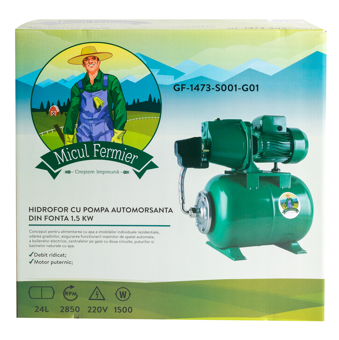 Hidrofor Micul Fermier 1.5 kW, debit maxim 3000l/h, inaltime maxima de pompare 53m, corp pompa fonta, capacitate vas expansiune 24 litri