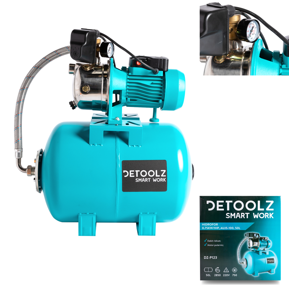 Hidrofor Detoolz 0.75 kW, debit 3300l/h, inaltime de pompare 45m, carcasa pompa inox, volum butelie 50 litri