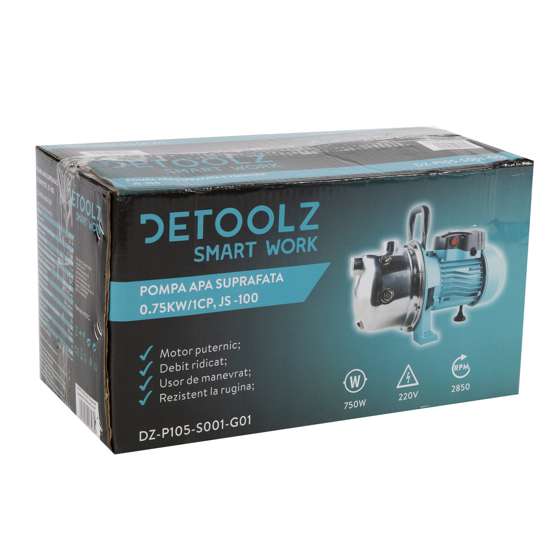 Pompa de suprafata Detoolz 0.75 kW, debit 3300l/h, inaltime de pompare 45m, carcasa pompa inox
