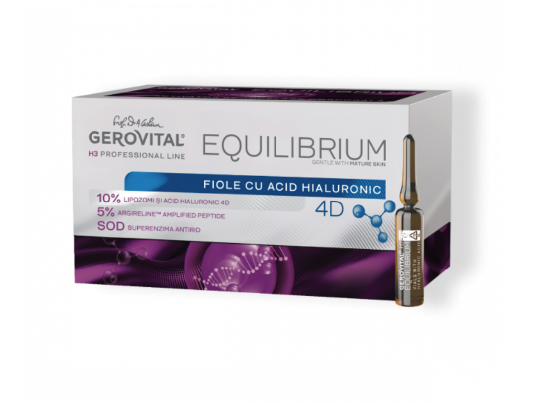 Gerovital H3 Equilibrium - Fiole cu 10% Acid Hialuronic 4D și 5% Argireline Amplified Peptide, Hidratare Intensă și Efect Antirid 20 fiole x 2 ml