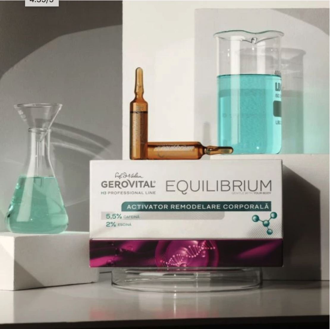 Gerovital H3 Equilibrium - Fiole Activator Remodelare Corporală pentru Elasticitatea Pielii și Combaterea Celulitei, cu Cafeină 5,5% și Escină 2%