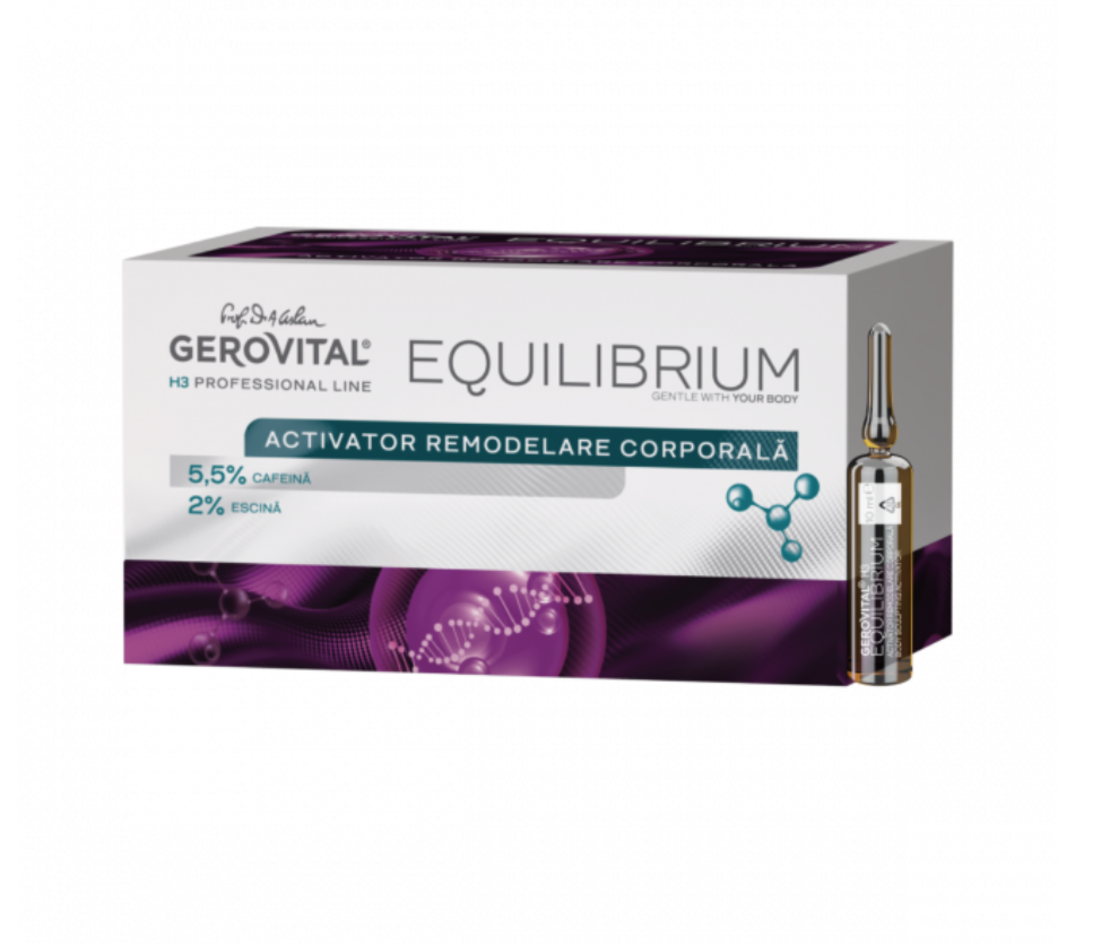 Gerovital H3 Equilibrium - Fiole Activator Remodelare Corporală pentru Elasticitatea Pielii și Combaterea Celulitei, cu Cafeină 5,5% și Escină 2%