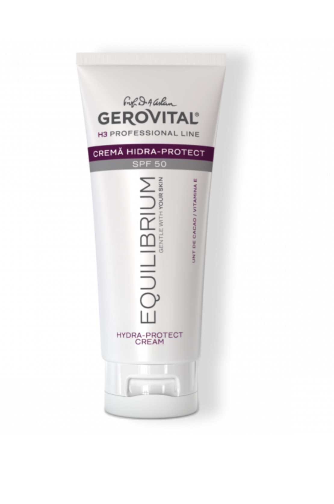 Gerovital H3 Equilibrium - Cremă Hidra-Protect SPF 50 cu Vitamina E și Unt de Cacao, protecție UVA/UVB ridicată 100 ml