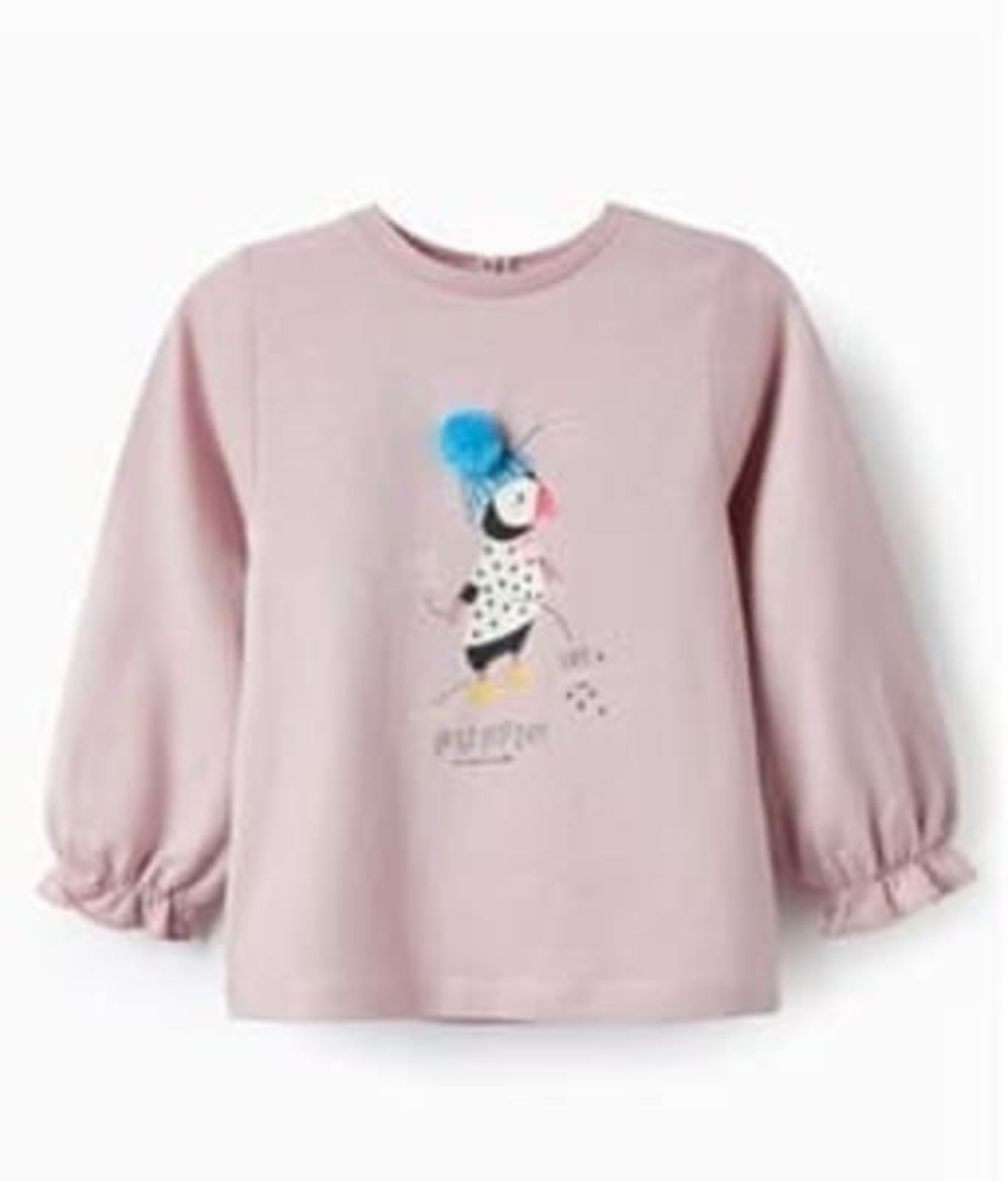Bluză bumbac fetițe Zippy „Puffin” roz pal cu mâneci bufante și ciucure 3D, mărimi 6 luni - 3 ani - Nouă cu etichetă