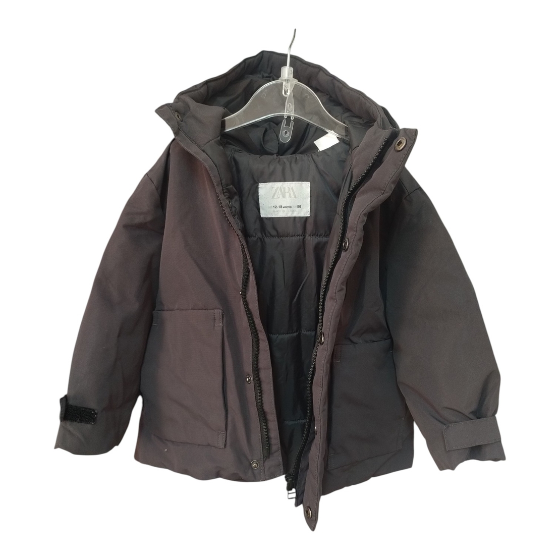 Geacă de Iarnă Premium ZARA Baby cu Glugă, Antracit/Maro Închis – Mărimea 86 (12-18 luni) | Second Hand