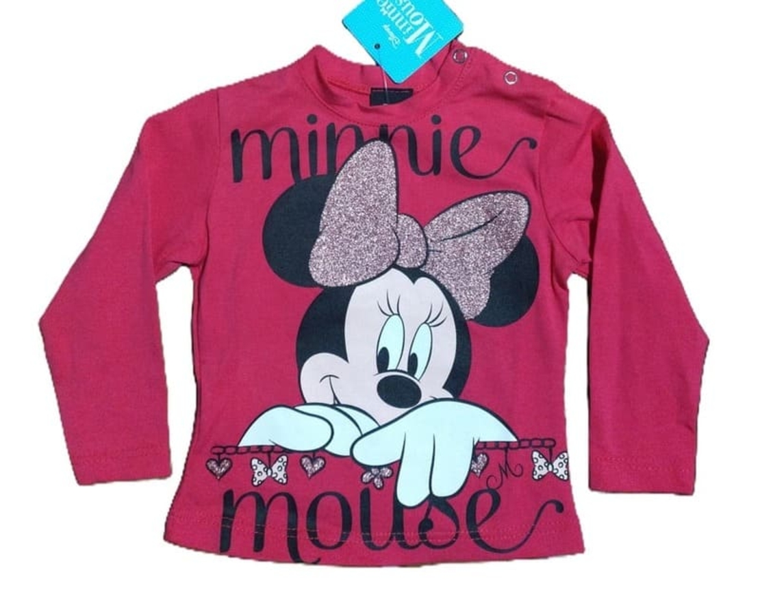 Bluză cu Mânecă Lungă pentru Fetițe - Model Minnie Mouse cu Fundă Strălucitoare, Roz Zmeură