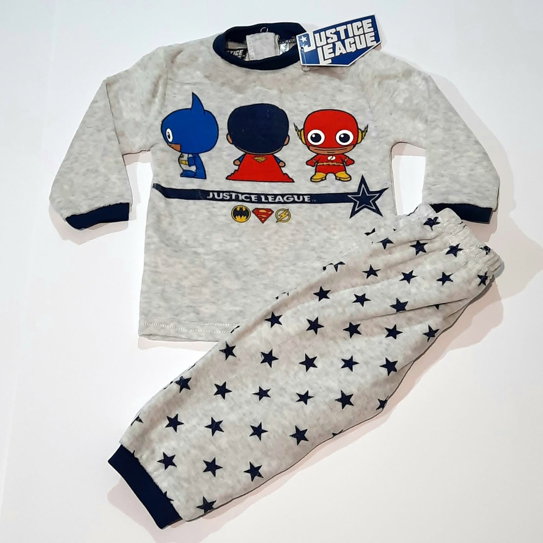 Pijama din Velur pentru Copii, 2 Piese - Model Justice League „Super-Eroi”, Gri Melanj