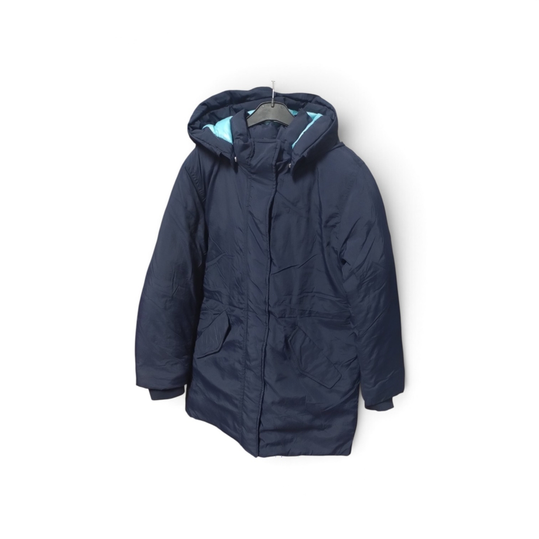 Geacă Lungă de Iarnă H&M Tip Parka cu Glugă și Căptușeală Turcoaz – Mărimea 116 (6 ani) | Second Hand