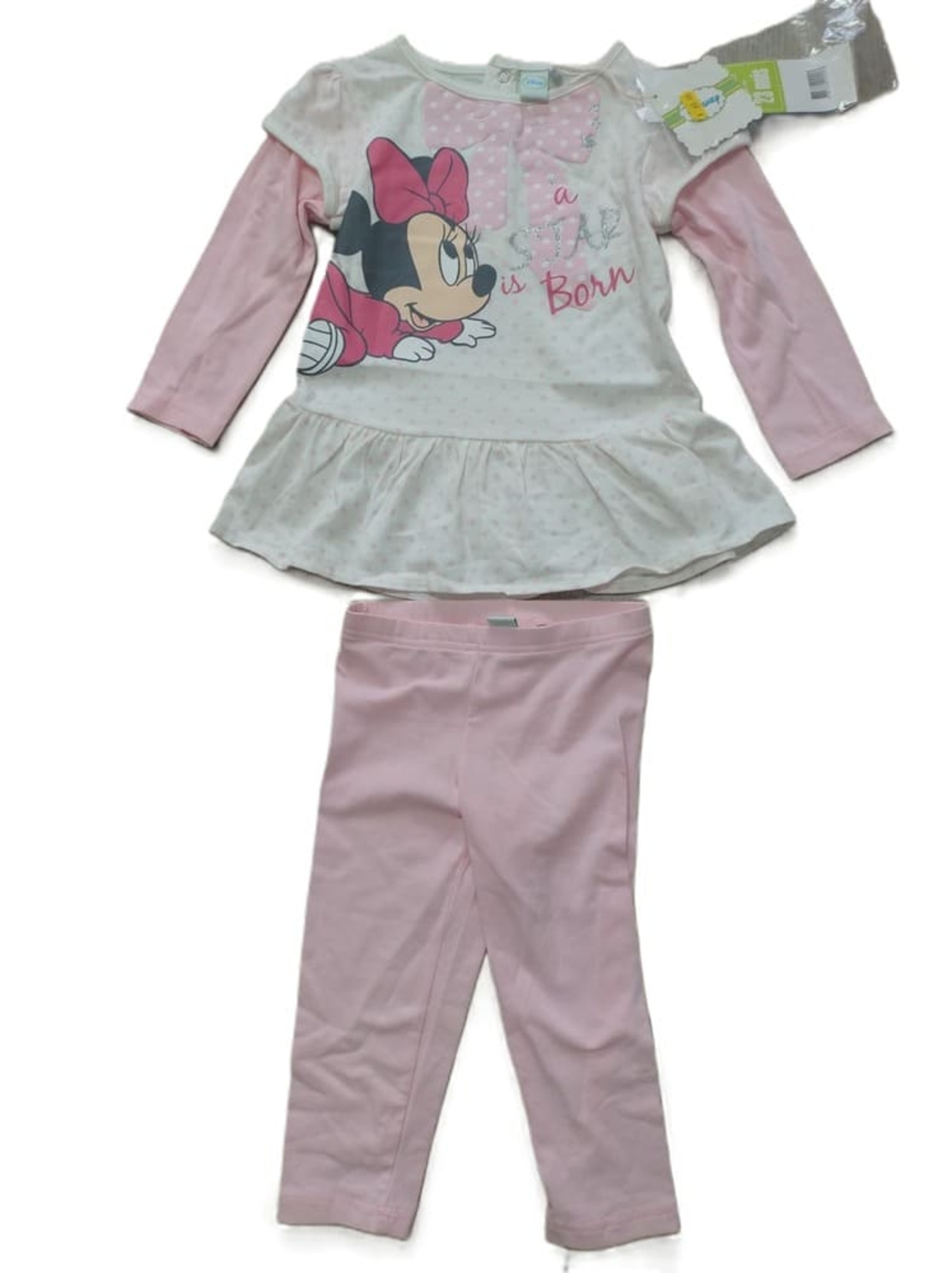 Set 2 piese Disney Minnie Mouse „A Star is Born” – Bluză tip Tunică cu Volănaș și Colanți Roz, 23 Luni