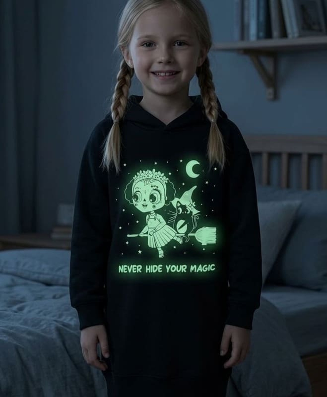 Rochie tip hanorac neagră fete Zippy „Glow in the Dark” vătuită la interior, mărimi 3-12 ani - Nouă cu etichetă
