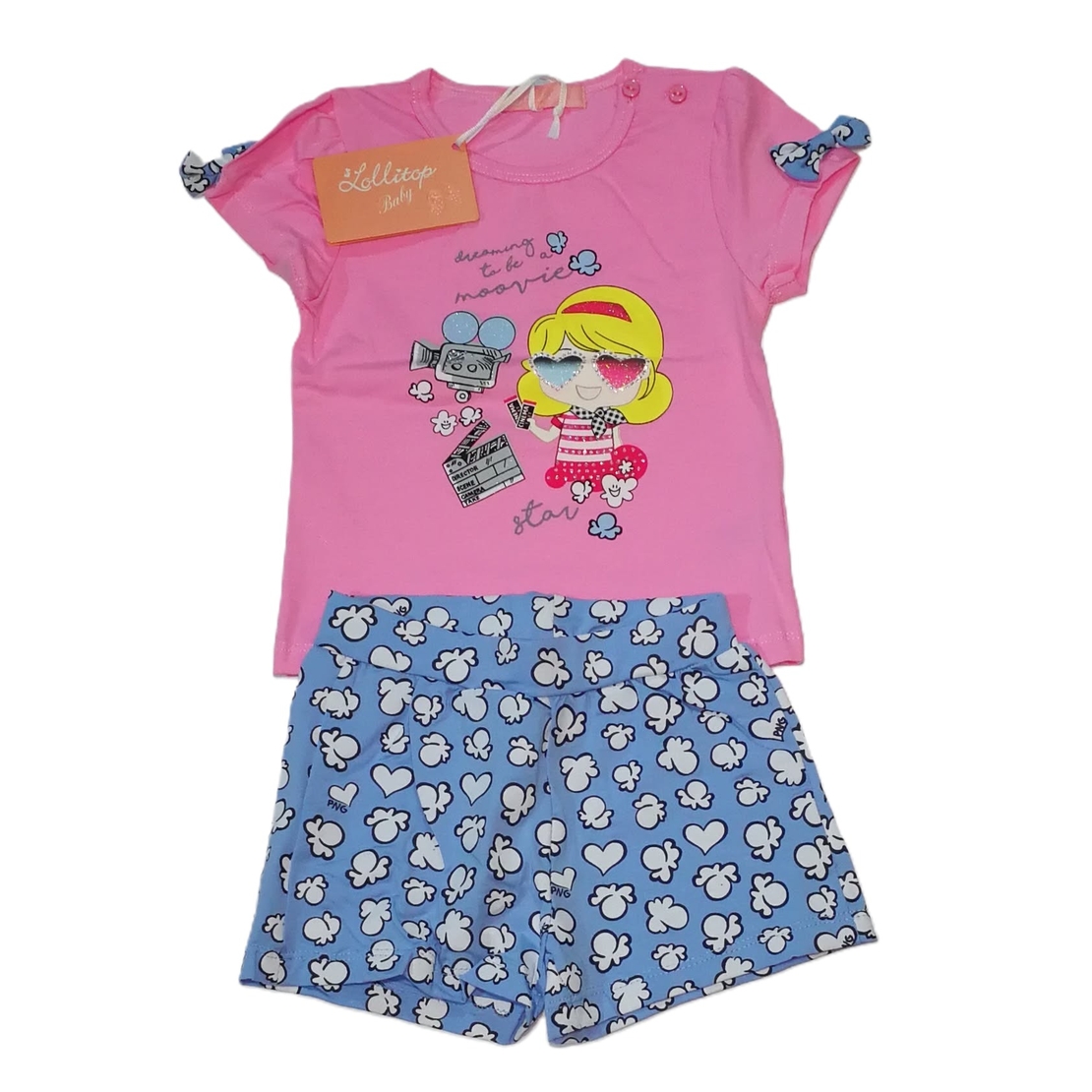 Compleu de Vară Fetițe Lollitop Baby „Movie Star” – Tricou și Pantaloni Scurți – Nou cu Etichetă (Mărimea 3-6 luni)