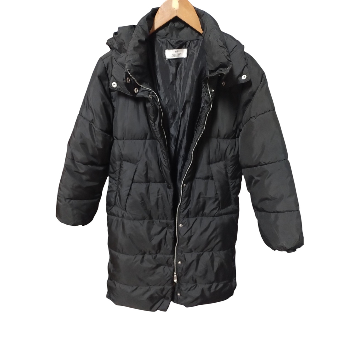 Geacă Lungă de Iarnă Puffer H&M cu Glugă, Negru Mat – Mărimea 146 (10-11 Ani) | Second Hand Premium