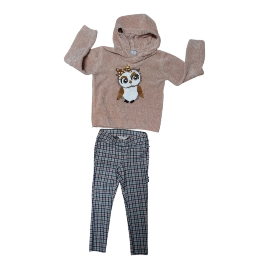 Compleu Fetiță cu Hanorac Pufos Bufniță Dopodopo și Pantaloni în Carouri Happy Girls — Mărime 110 (4-5 ani) — Second Hand Stare Excelentă