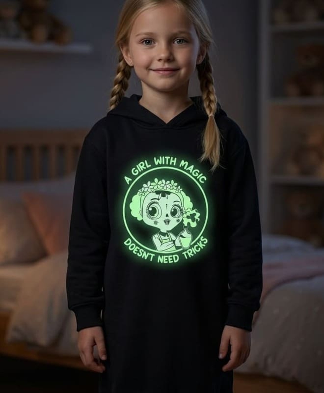 Rochie tip hanorac neagră fete Zippy „A Girl with Magic” vătuită la interior și fosforescentă, mărimi 3-12 ani - Nouă cu etichetă
