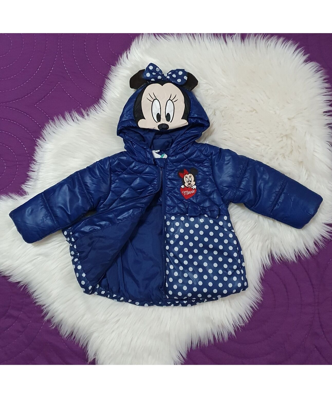 Geacă albastră Minnie în buline, cu glugă și fundiță Minnie Mouse