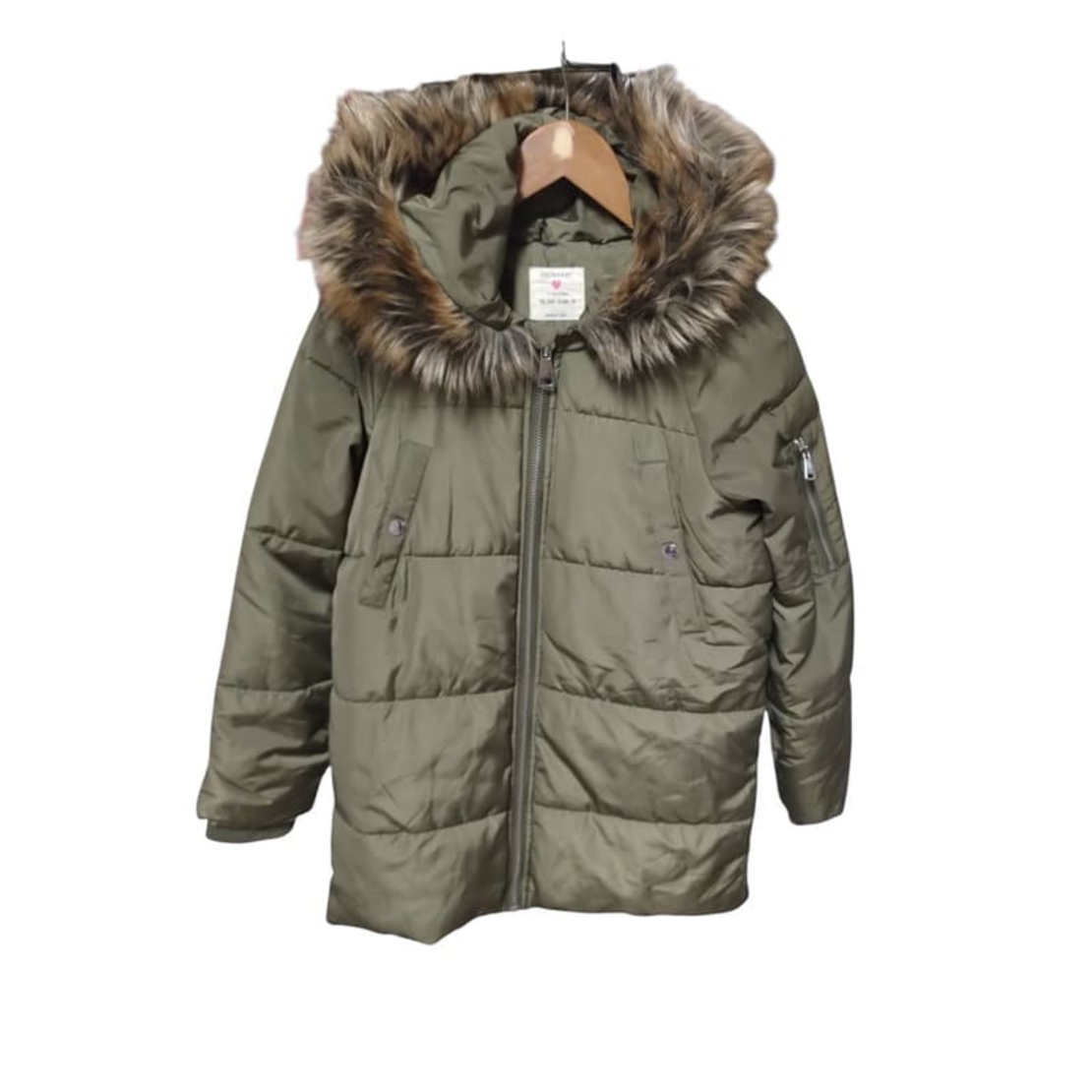 Geacă Groasă de Iarnă Puffer Primark cu Glugă și Blăniță, Verde Oliv – Mărimea 152 (11-12 Ani) | Second Hand Premium