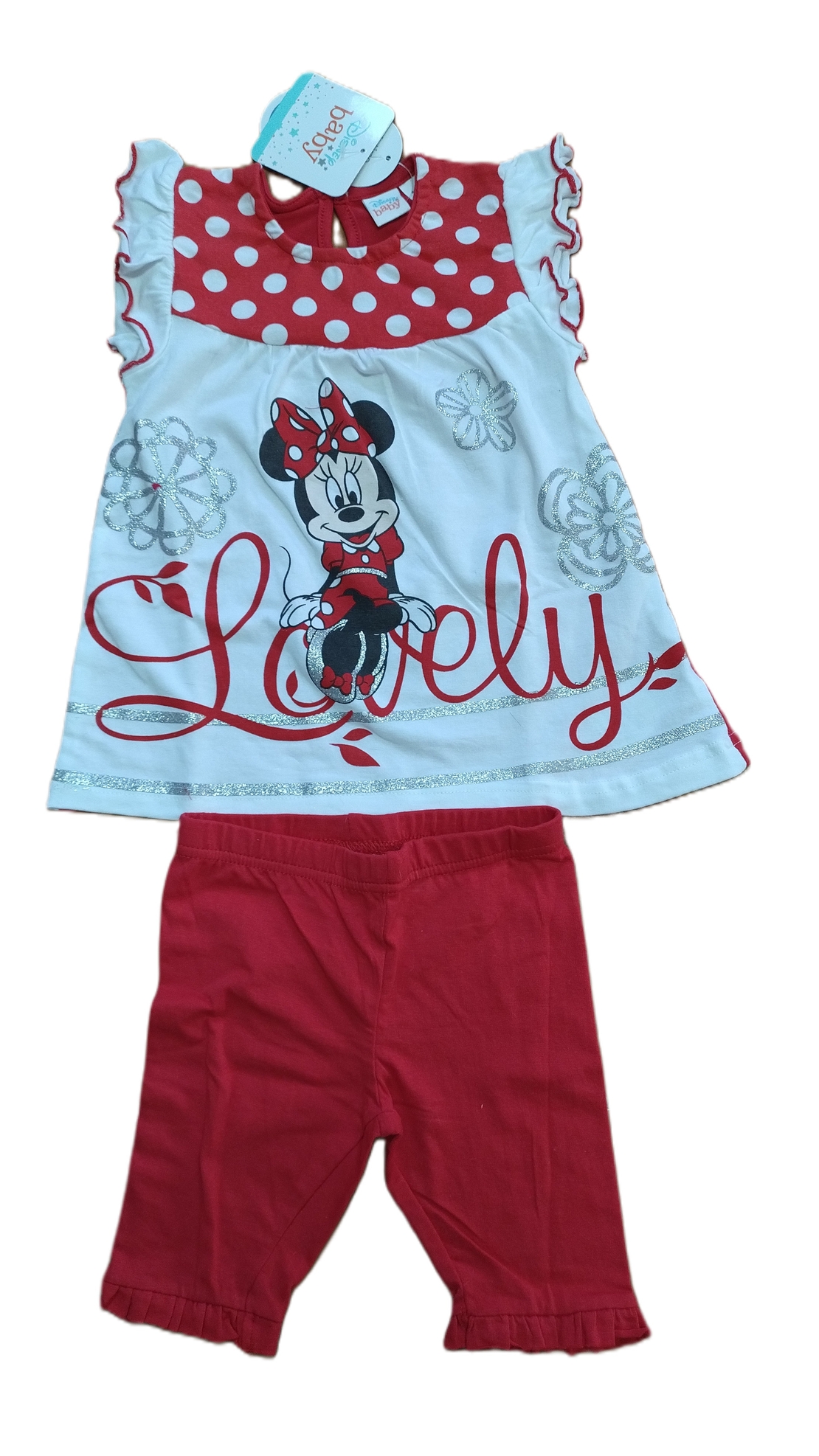 Compleu de Vară pentru Fetițe, 2 Piese - Model Minnie Mouse „Lovely”, Alb/Roșu