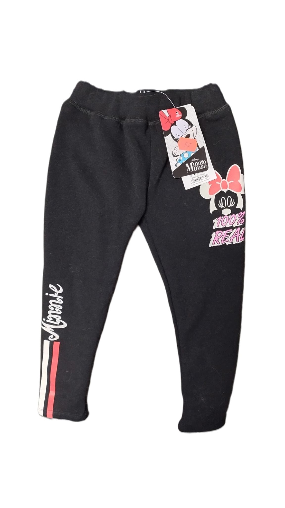 Pantaloni de trening vătuiți negri Minnie Mouse „100% Real” cu glitter, mărimi 3 și 5 ani - Calitate Extra