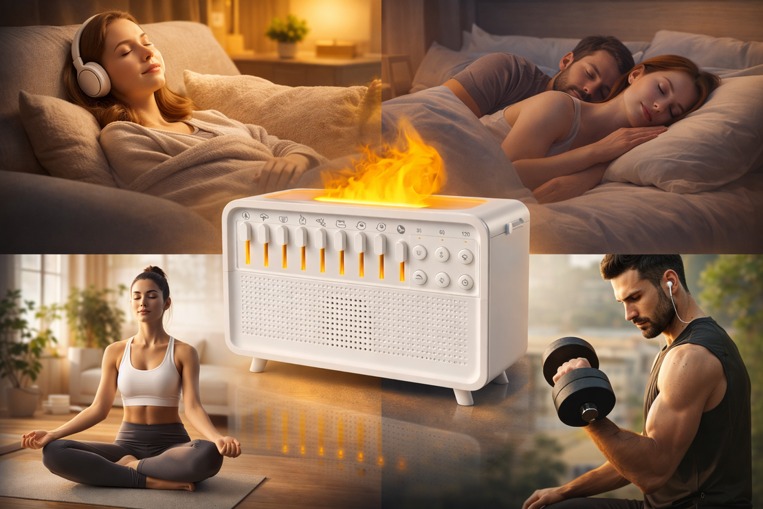 Lampă LED 4-în-1 cu Răsărit, Umidificator și Ceas Deșteptător – 8 Sunete Naturale, USB Type-C, 3500K Warm White