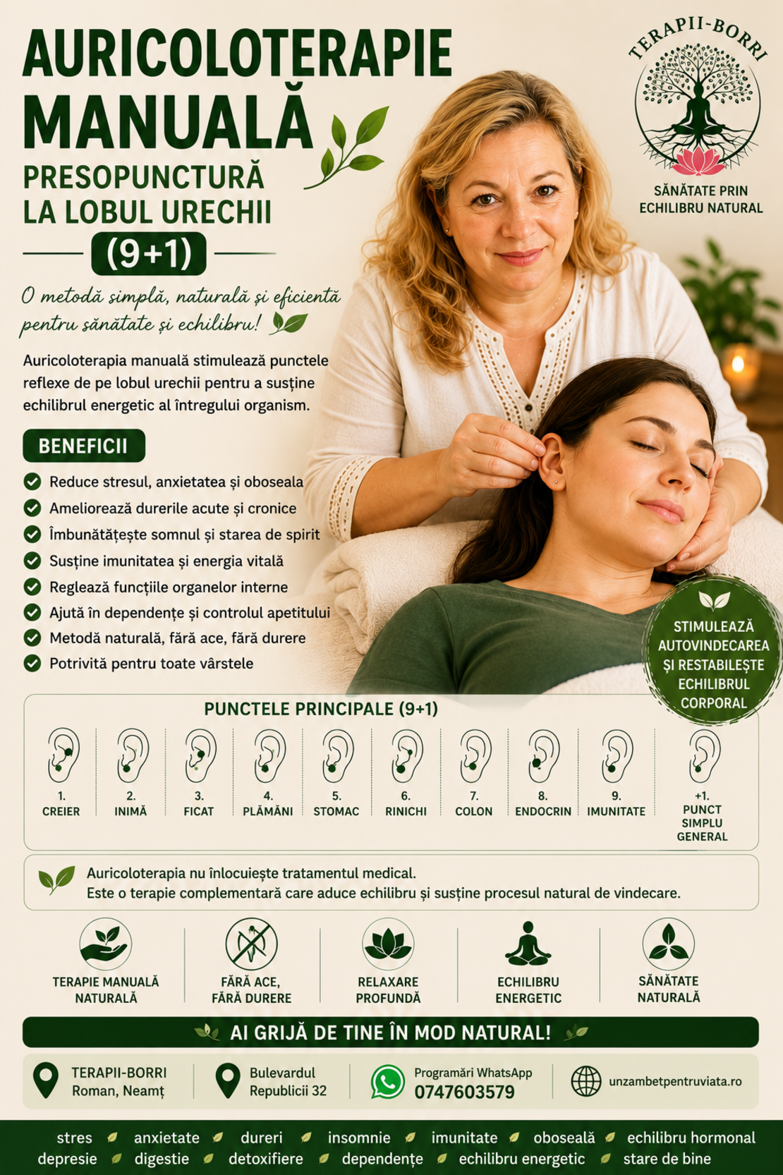 🌿 AURICOLOTERAPIE MANUALĂ – PRESOPUNCTURĂ LA LOBUL URECHII (9+1) 🌿