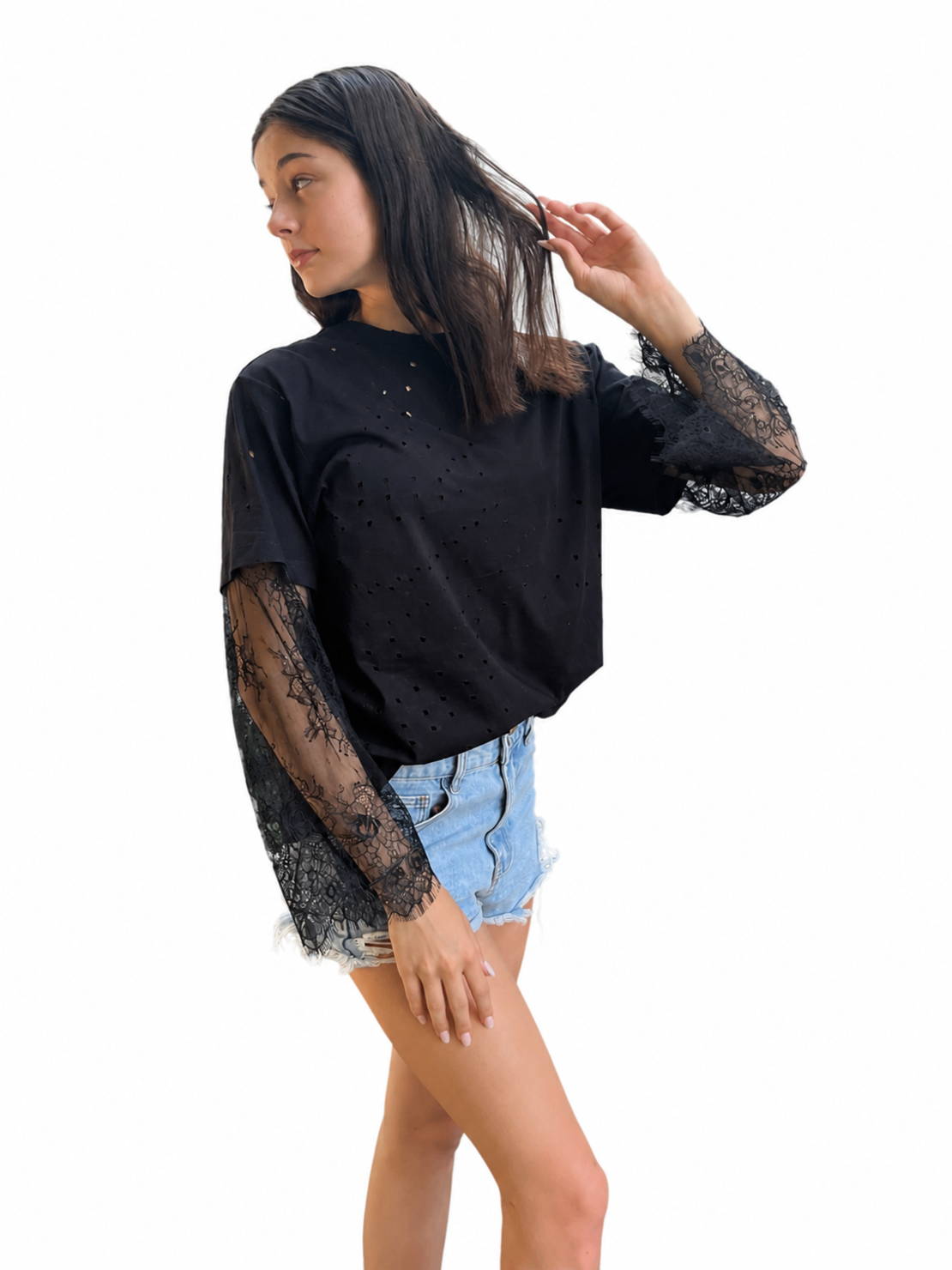 Tricou cu mâneci din dantelă chantilly