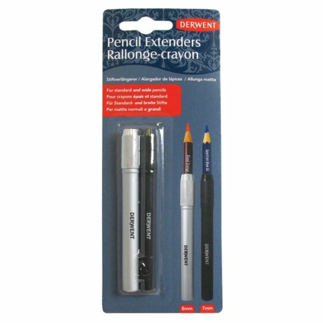 Prelungitor creion DERWENT Professional, lemn, 2buc/set, doua dimensiuni (7 si 8 mm), negru/argintiu