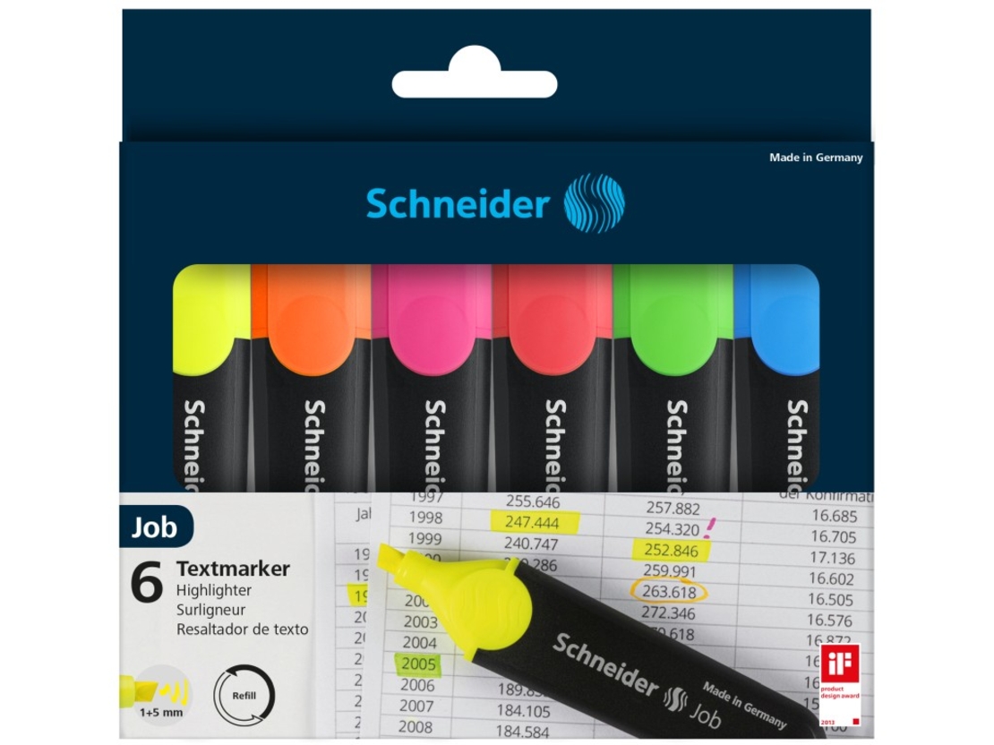 Textmarker SCHNEIDER Job, varf lat, 6 culori/set - (G, O, V, R, A, R)