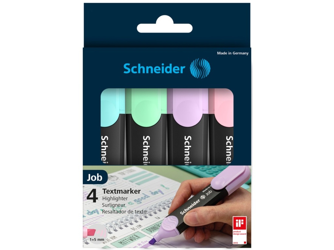Textmarker SCHNEIDER Job Pastel, varf lat, 4 culori/set -(turcoaz, menta, lavanda, roze)