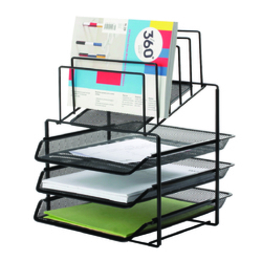 Set 3 tavite metalice Mesh, suprapozabile + suport documente cu 5 separatoare, Q-Connect - negru