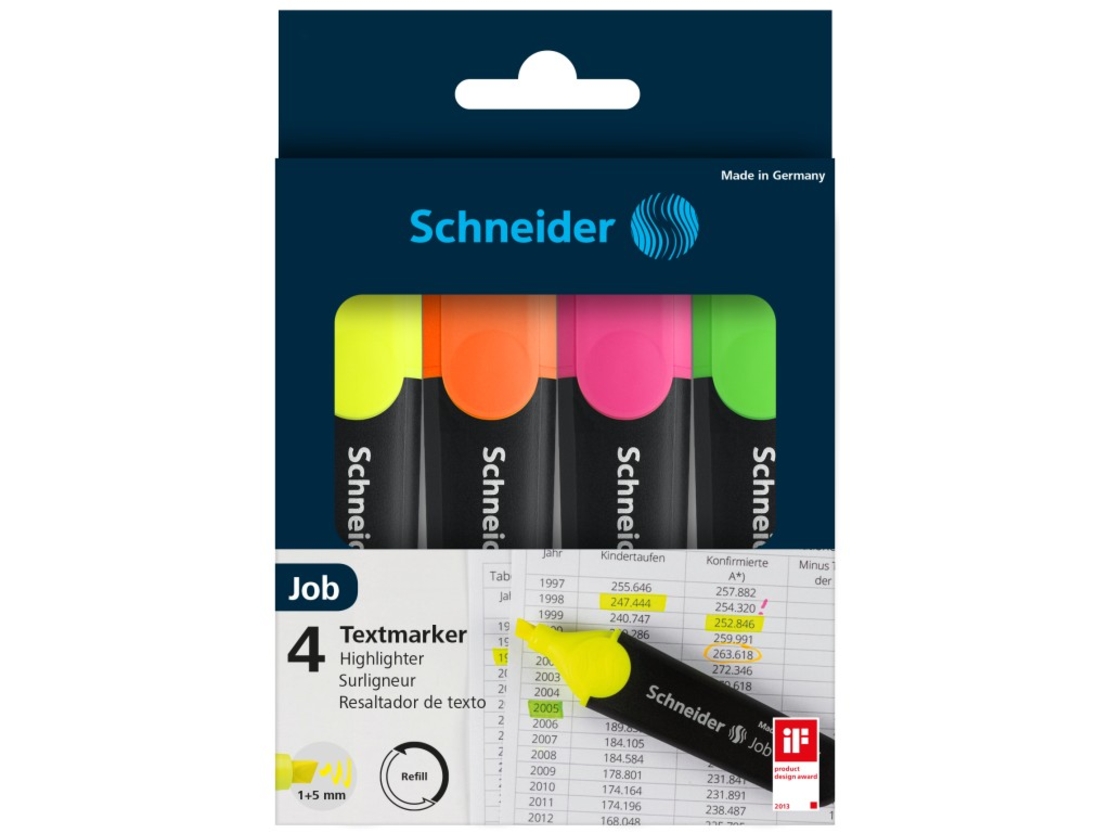 Textmarker SCHNEIDER Job, varf lat, 4 culori/set - (G, O, V, R)