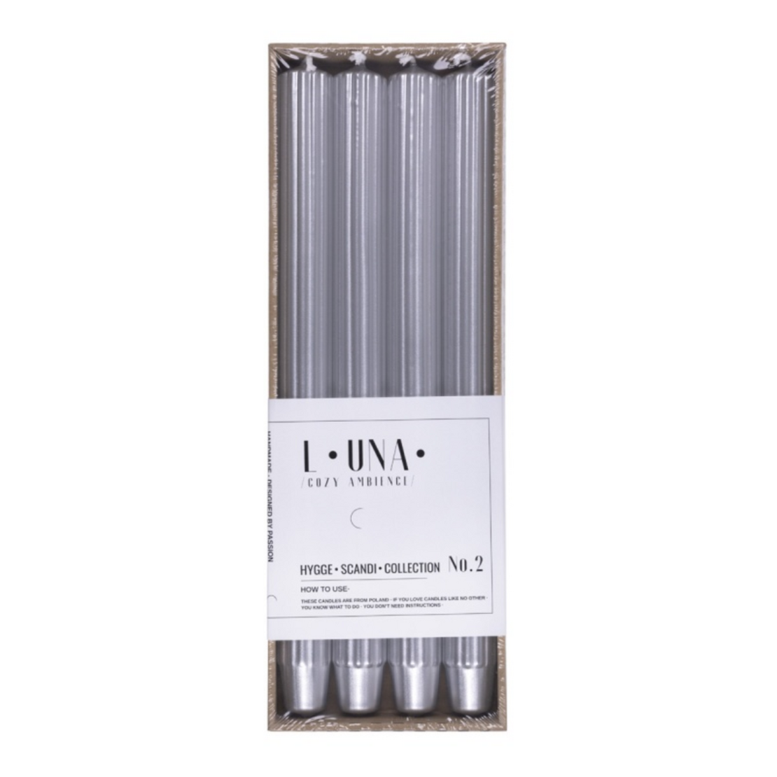 Lumanari cu dungi, pentru cina, lacuite, 25 x 300mm, 4 buc/set, DONAU Home - argintii