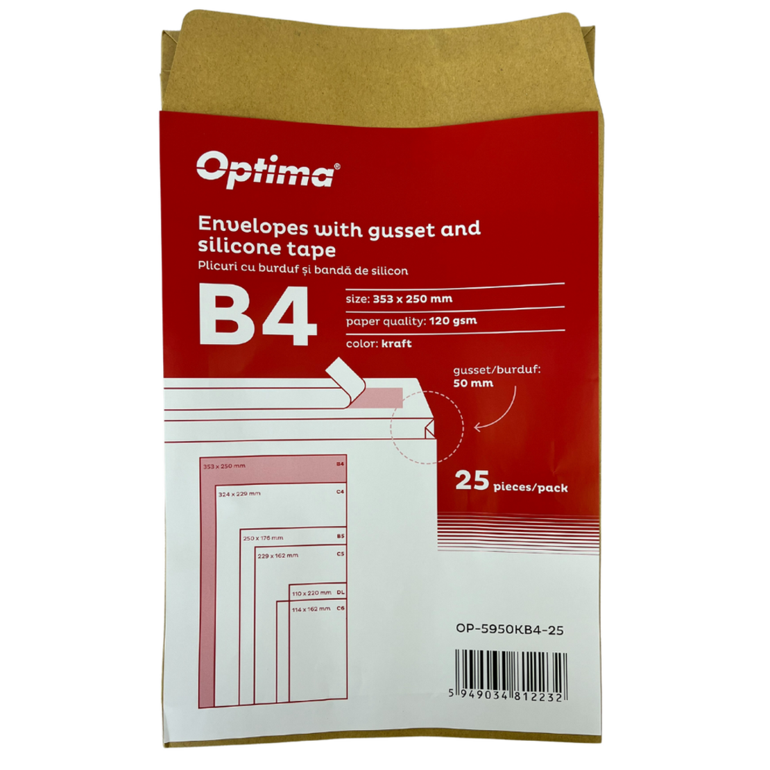 Plic B4 (353x250mm), cu burduf 50mm, lipire siliconica, 25 buc/set, Optima - kraft
