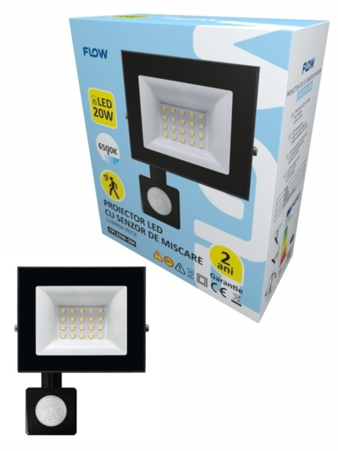 Proiector LED cu senzor de miscare 20W 6500K lumina rece FLOW FPL20W-SM