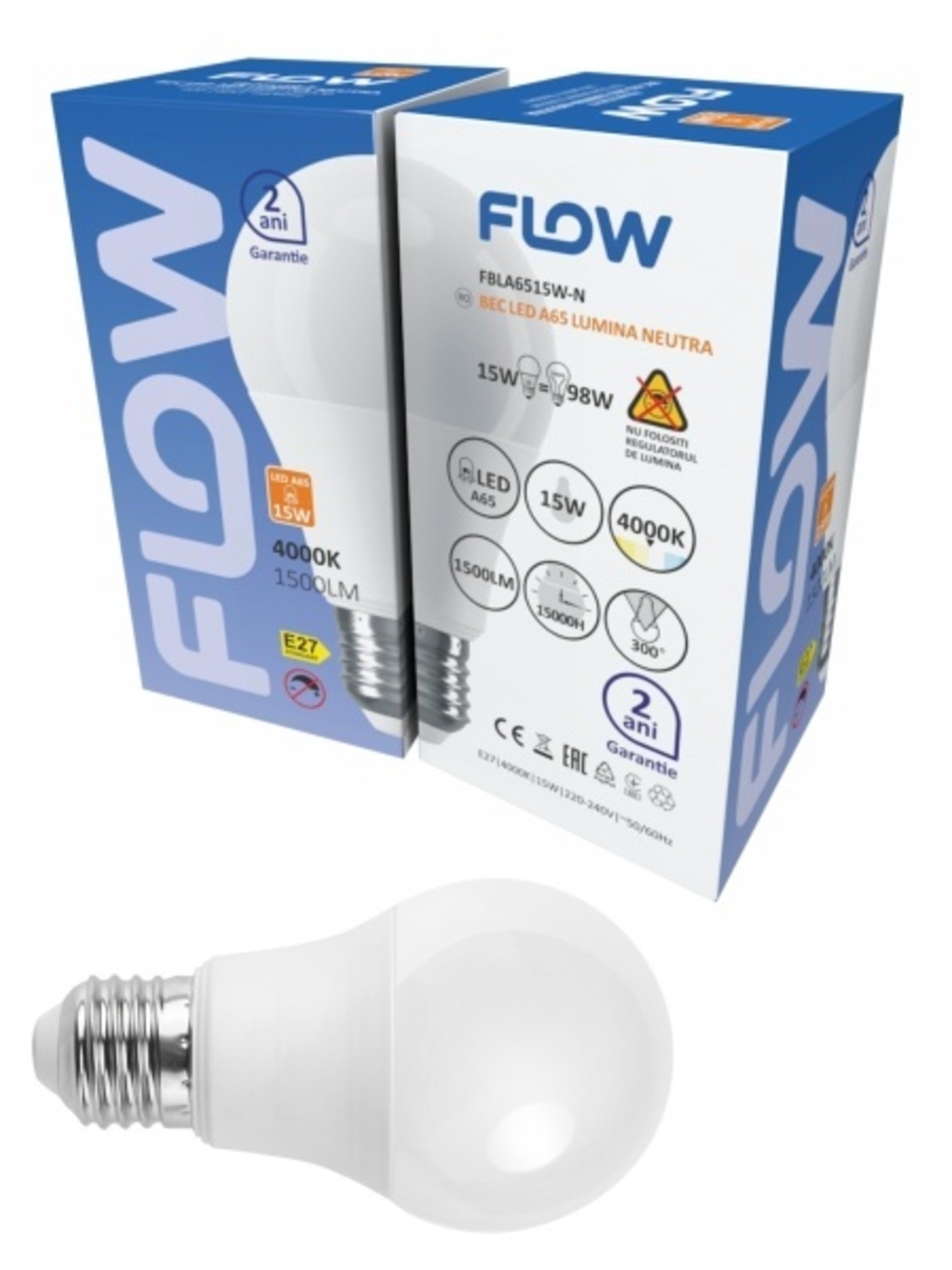 Bec LED A65 15W, E27, 4000K, lumina neutra FLOW FBLA6515W-N (set de 10 bucati- 45 lei setul)