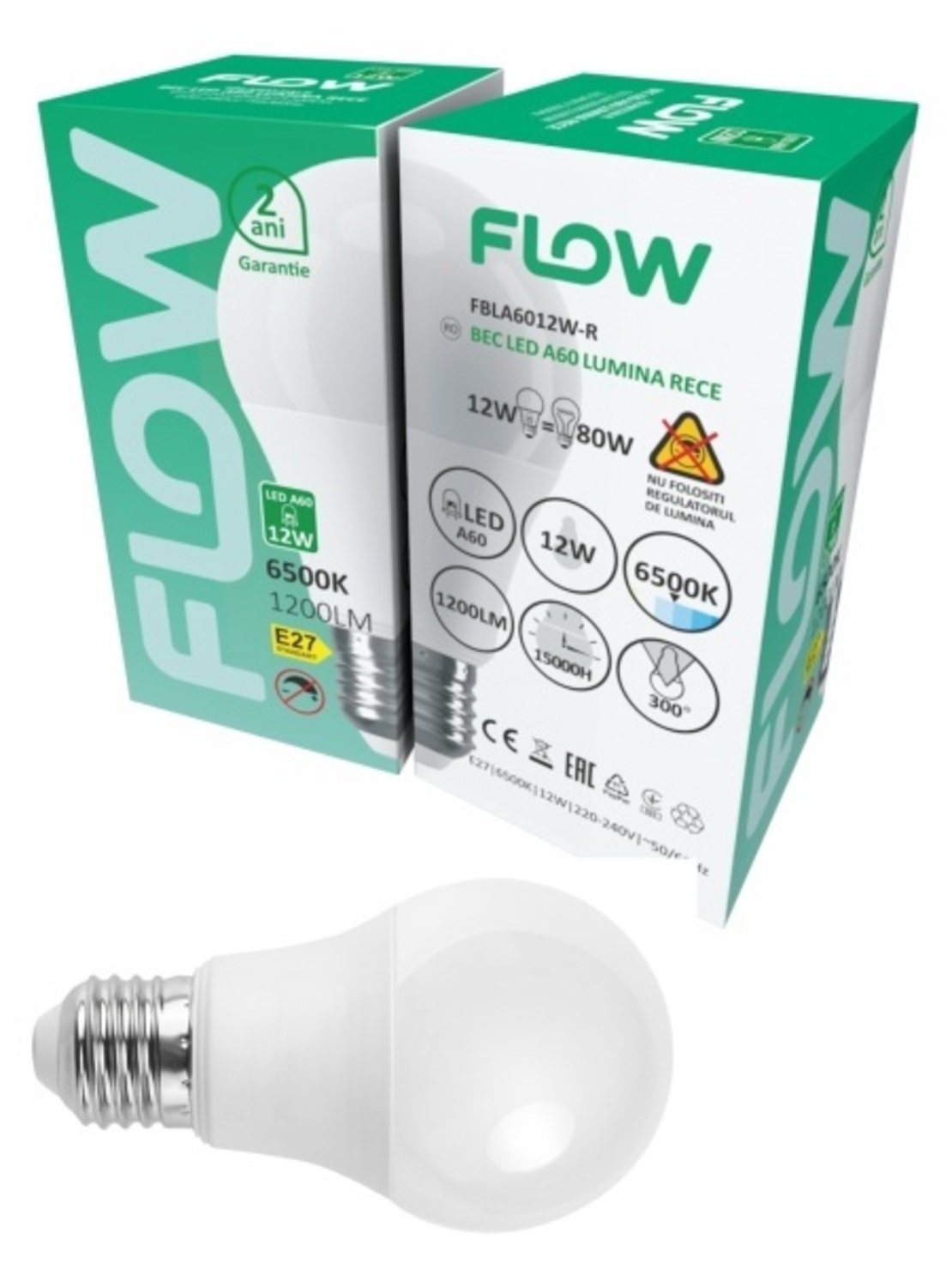 Bec LED A60 12W, E27, 6500K, lumina rece FLOW FBLA6012W-R (set de 10 bucati- 30 lei setul)